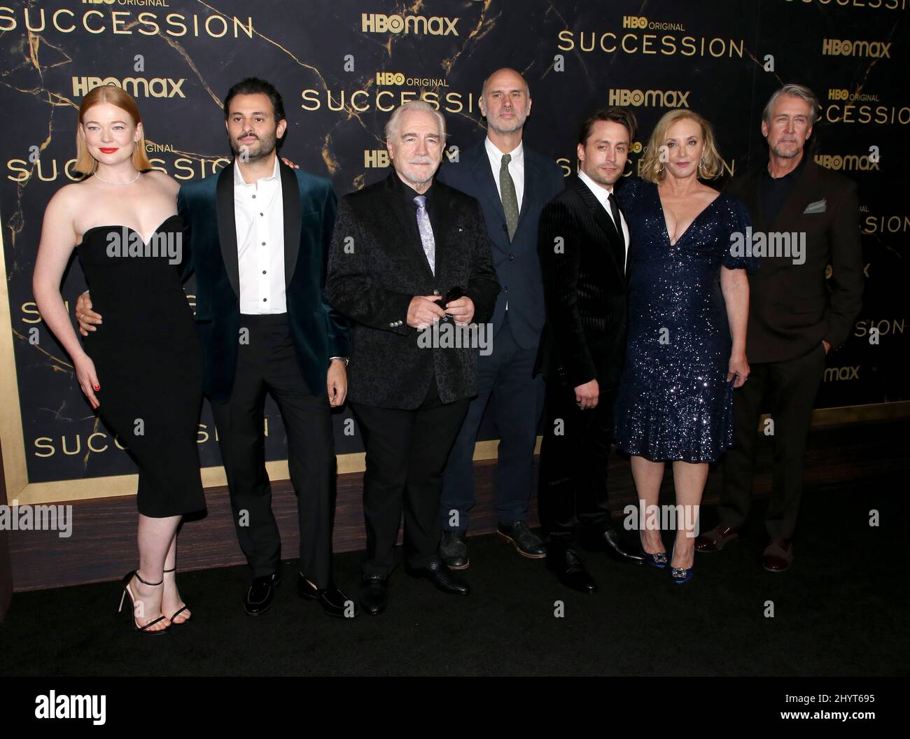Sarah Snook, Arian Moayed, Brian Cox, Jesse Armstrong, Kieran Culkin, J. Smith Cameron and Alan Ruck attending the 'Succession' Season 3 Premiere held at the Museum of Natural History on October 12, 2021 in New York City, NY Stock Photo