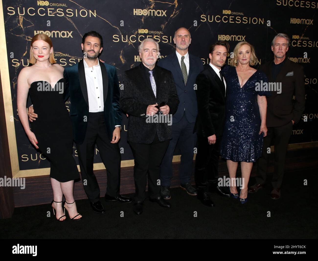 Sarah Snook, Arian Moayed, Brian Cox, Jesse Armstrong, Kieran Culkin, J. Smith Cameron and Alan Ruck attending the 'Succession' Season 3 Premiere held at the Museum of Natural History on October 12, 2021 in New York City, NY Stock Photo