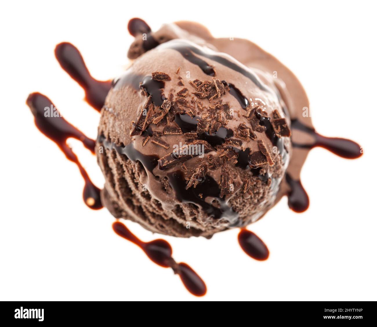 a single chocolate ice cream scoop from above with chocolate topping