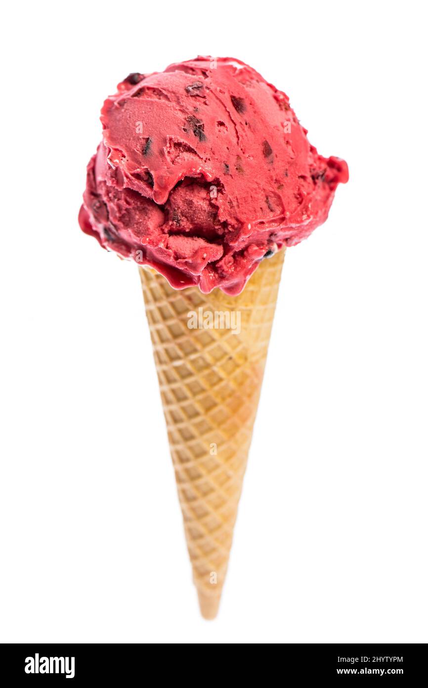 An ice cream cone with berry ice cream isolated on white background Stock Photo