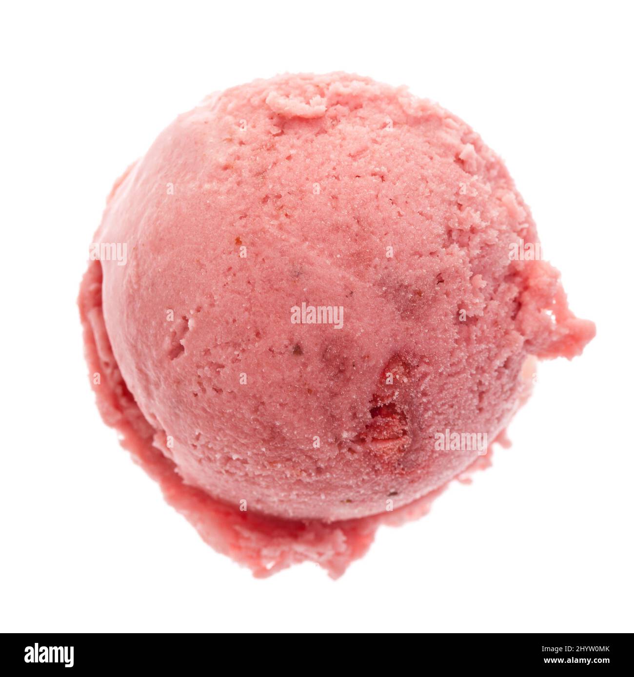 Single strawberry ice cream scoop from above isolated on white - square format Stock Photo