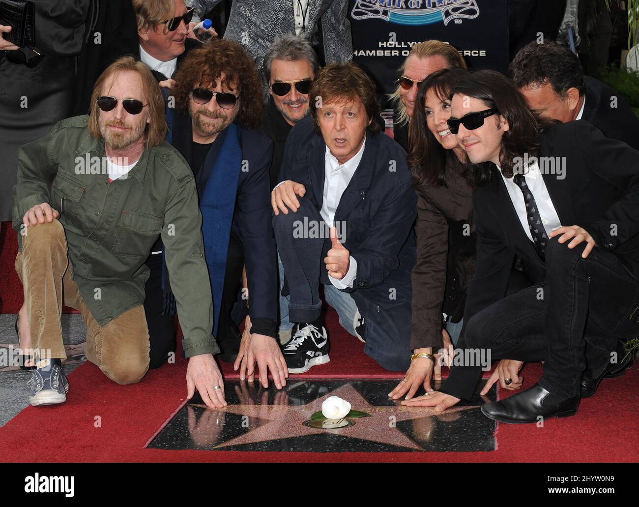 Tom Petty, Jeff Lynne, Jim Keltner, Paul McCartney, Joe Walsh, Olivia Harrison and Dhani Harrison at a ceremony to honour George Harrison with a star on the Hollywood Walk of Fame Stock Photo