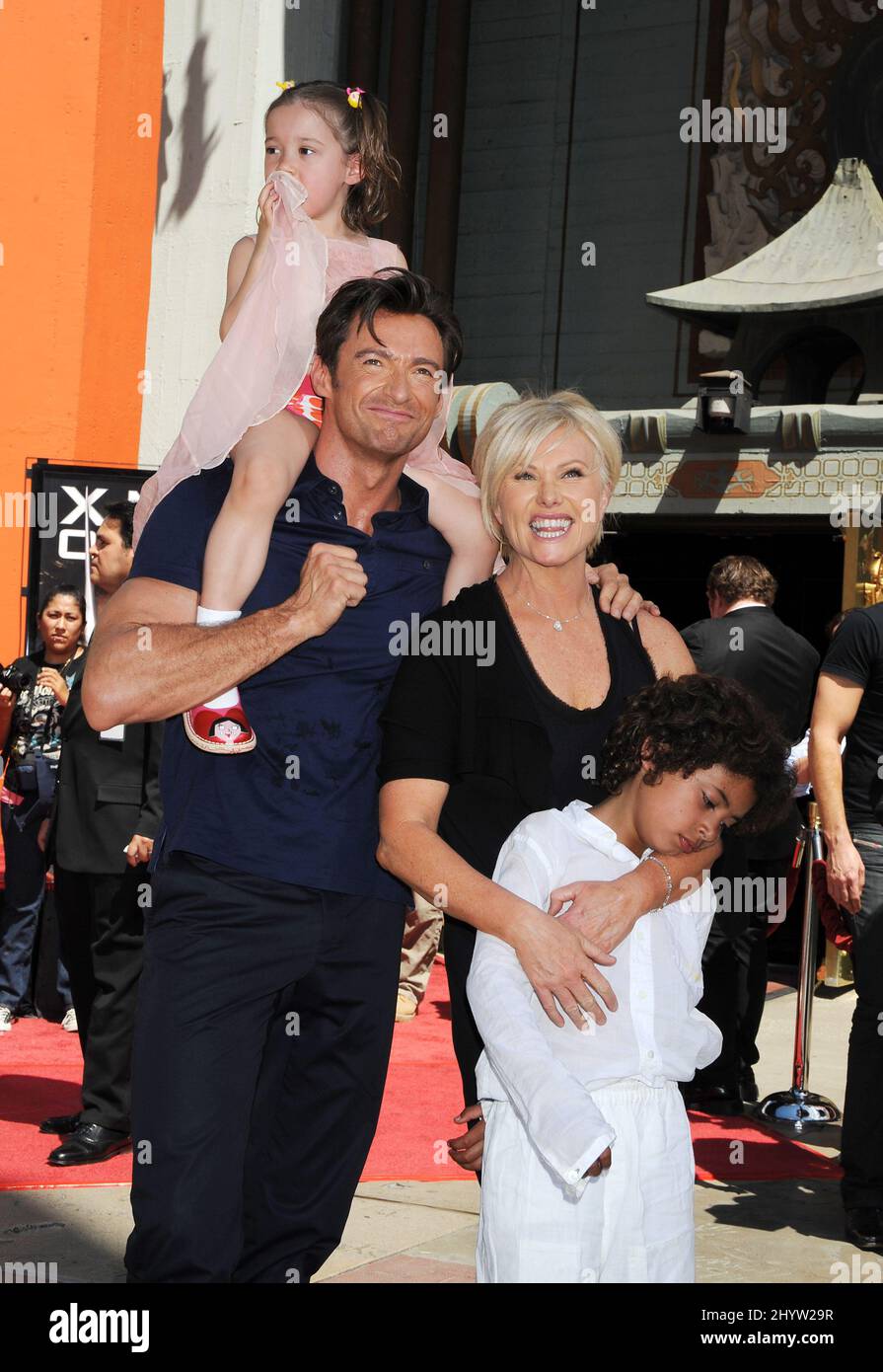 Hugh Jackman, Deborah Lee Furness with son Oscar and daughter Ava at the Hugh Jackman Hand and Footprint Ceremony, held at Grauman's Chinese Theatre, Hollywood. Stock Photo