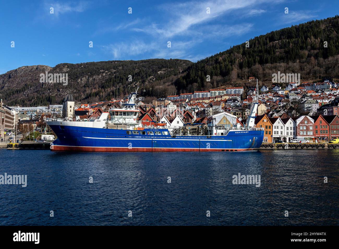Aqua Kvaloy (Kvaløy), a service vessel for aqua, fish farming -  at Bryggen quay in the port of Bergen, Norway Stock Photo