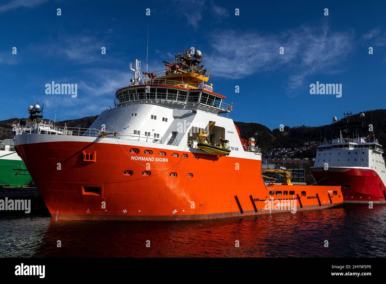 Offshore supply AHTS vessel Normand Sigma at Skoltegrunnskaien quay, Bergen, Norway Stock Photo