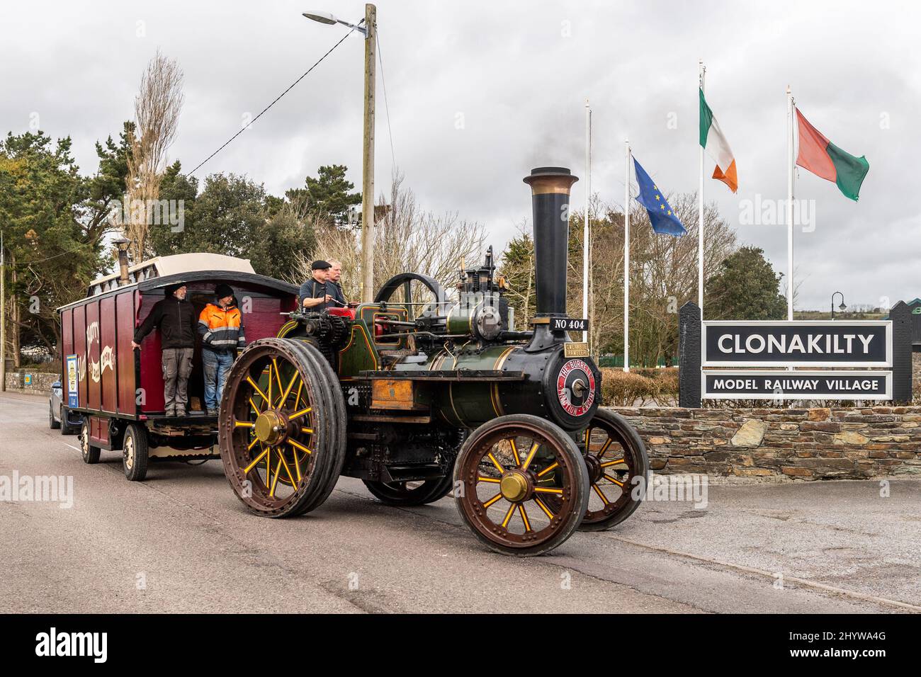 Clonakilty, West Cork, Ireland. 14th Mar, 2022. Steam traction engines set out from Rosscarbery today, continuing on their journey to the St. Patrick's Day parade in Kinsale on Thursday in aid of the RNLI. The traction engines arrived at Clonakilty Model Railway Village for a break before heading into Clonakilty town to raise funds for the RNLI. Credit: AG News/Alamy Live News Stock Photo