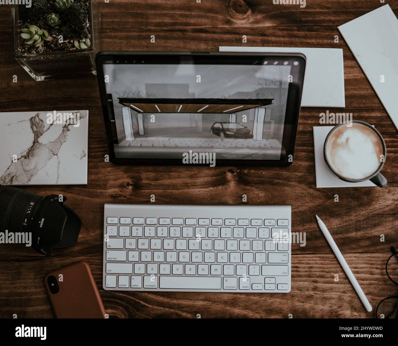 Desk with multiple objects on it Stock Photo - Alamy