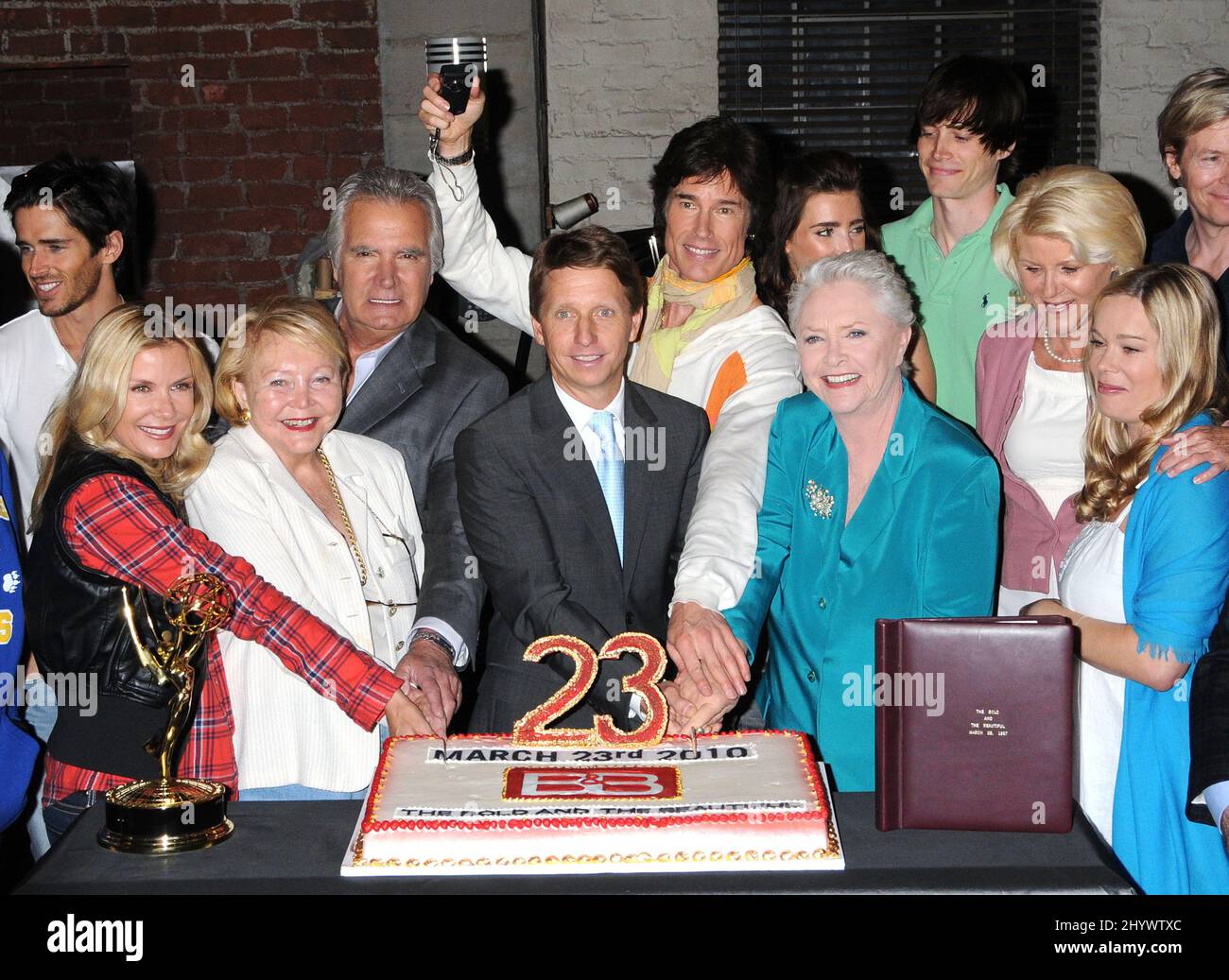 Brandon Beemer, Katherine Kelly Lang, Bradley Bell, John McCook, Ronn Moss, Lee Bell, Susan Flannery, Zack Conroy, Alley Mills and Jennifer Gareis during 'The Bold and the Beautiful' 23rd anniversary celebration held on the set at CBS Studios, California Stock Photo