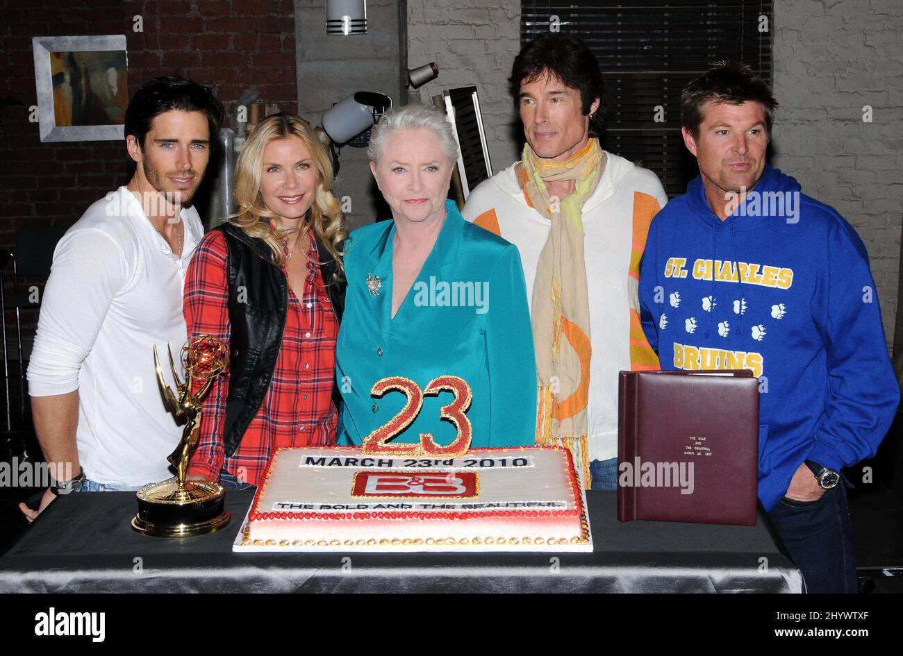 Brandon Beemer, Katherine Kelly Lang, Susan Flannery, Ronn Moss and Winsor Harmon during 'The Bold and the Beautiful' 23rd anniversary celebration held on the set at CBS Studios, California Stock Photo