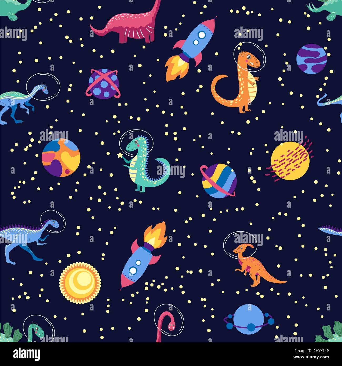 Dino in space seamless pattern. Cute dragon characters, dinosaur traveling  galaxy with stars, planets. Kids cartoon background Stock Vector Image &  Art - Alamy