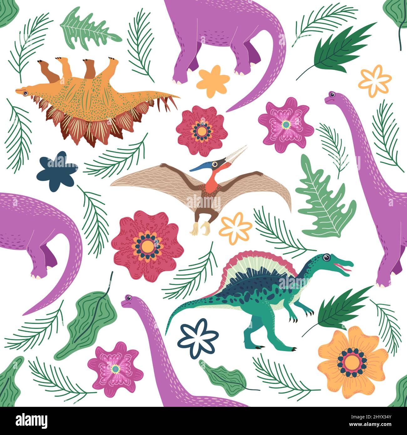 Hand drawn seamless pattern with dinosaurs and tropical leaves and ...