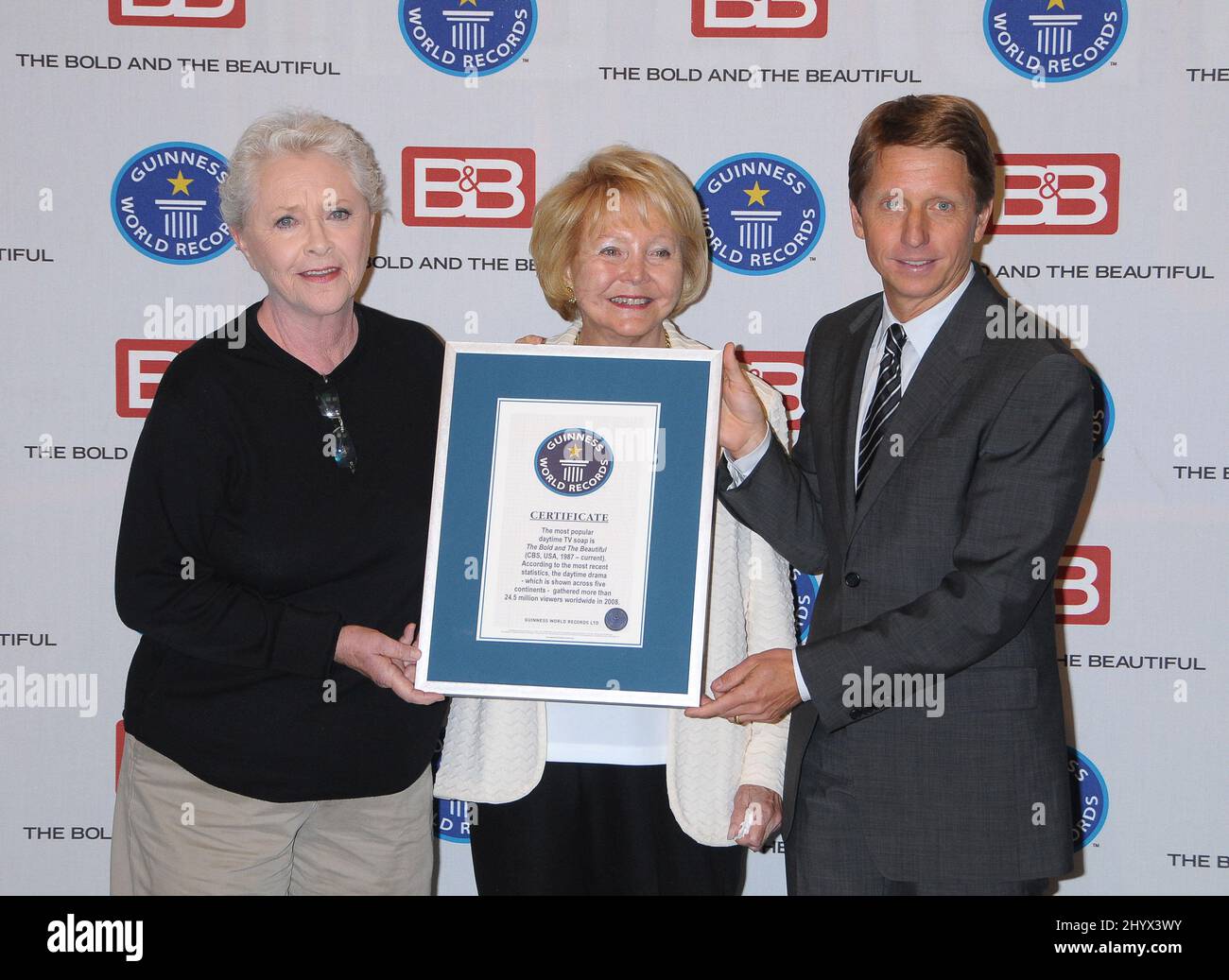 Susan Flannery, Lee Phillip Bell and Bradley Bell during Guinness World Records announcement of 'The Bold and the Beautiful' as most popular daytime TV soap on stage 31 at CBS Television City, Los Angeles Stock Photo