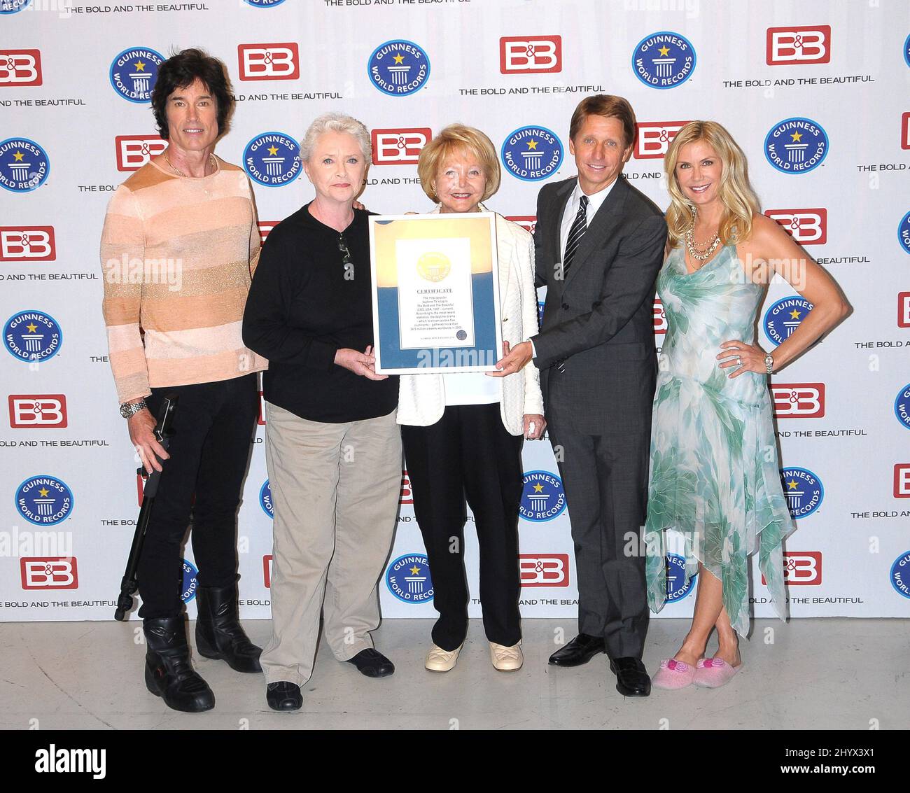Ronn Moss, Susan Flannery, Lee Phillip Bell, Bradley Bell and Katherine Kelly Lang during Guinness World Records announcement of 'The Bold and the Beautiful' as most popular daytime TV soap on stage 31 at CBS Television City, Los Angeles Stock Photo
