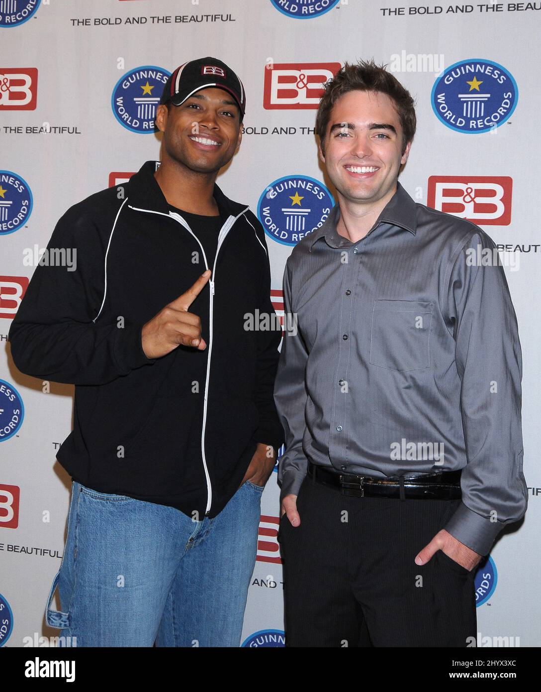 Texas Battle and Drew Tyler Bell during Guinness World Records announcement of 'The Bold and the Beautiful' as most popular daytime TV soap on stage 31 at CBS Television City, Los Angeles Stock Photo