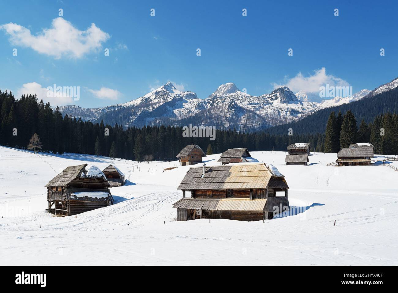 Zajavornik, Javornik mountain pasture in winter on Pokljuka, Slovenia. Scenic huts with a magnificent view of Julian Alps in background Stock Photo