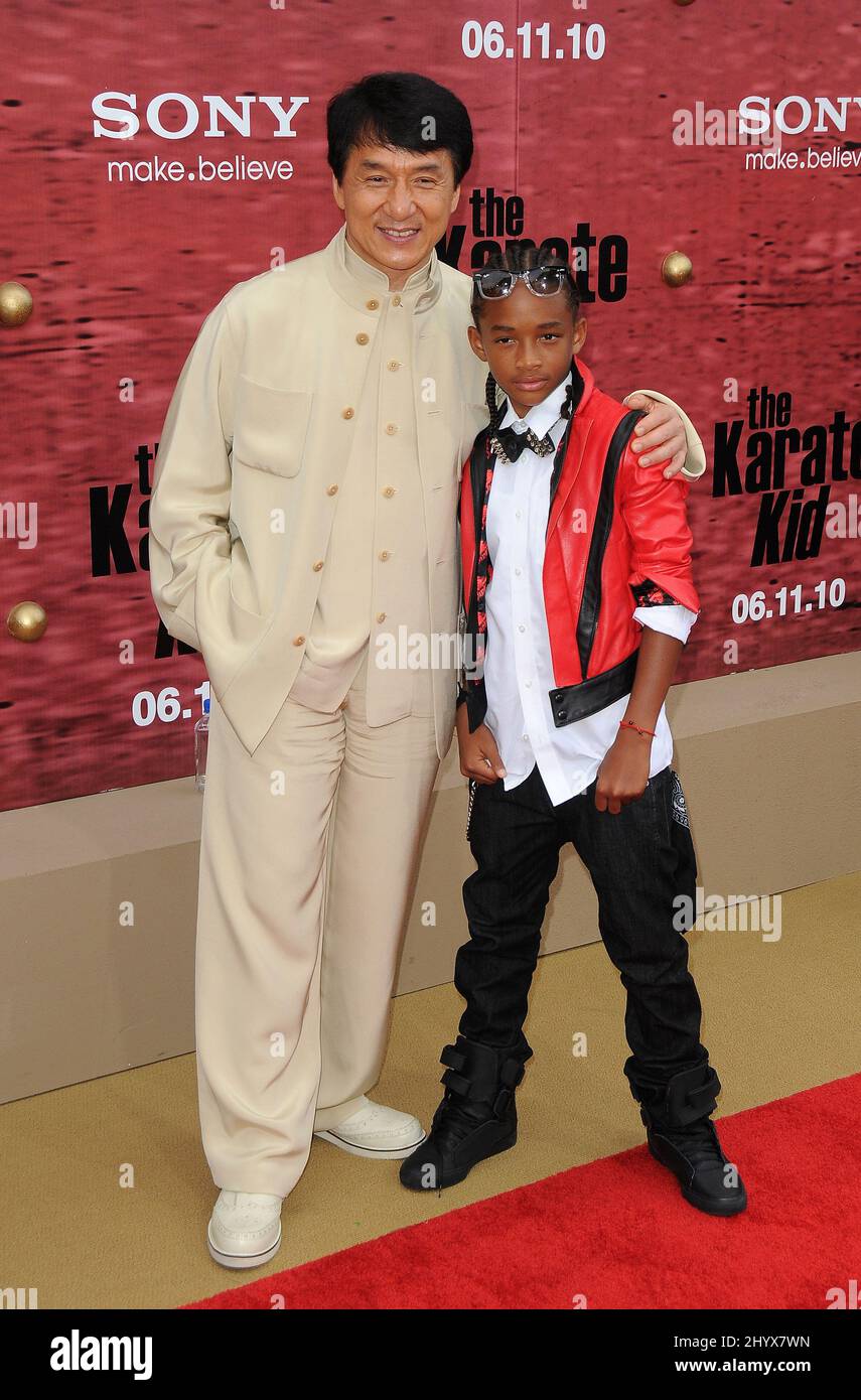 Jackie Chan and Jaden Smith at the premiere of 'The Karate Kid' held at Mann Village Theatre in Los Angeles, USA. Stock Photo
