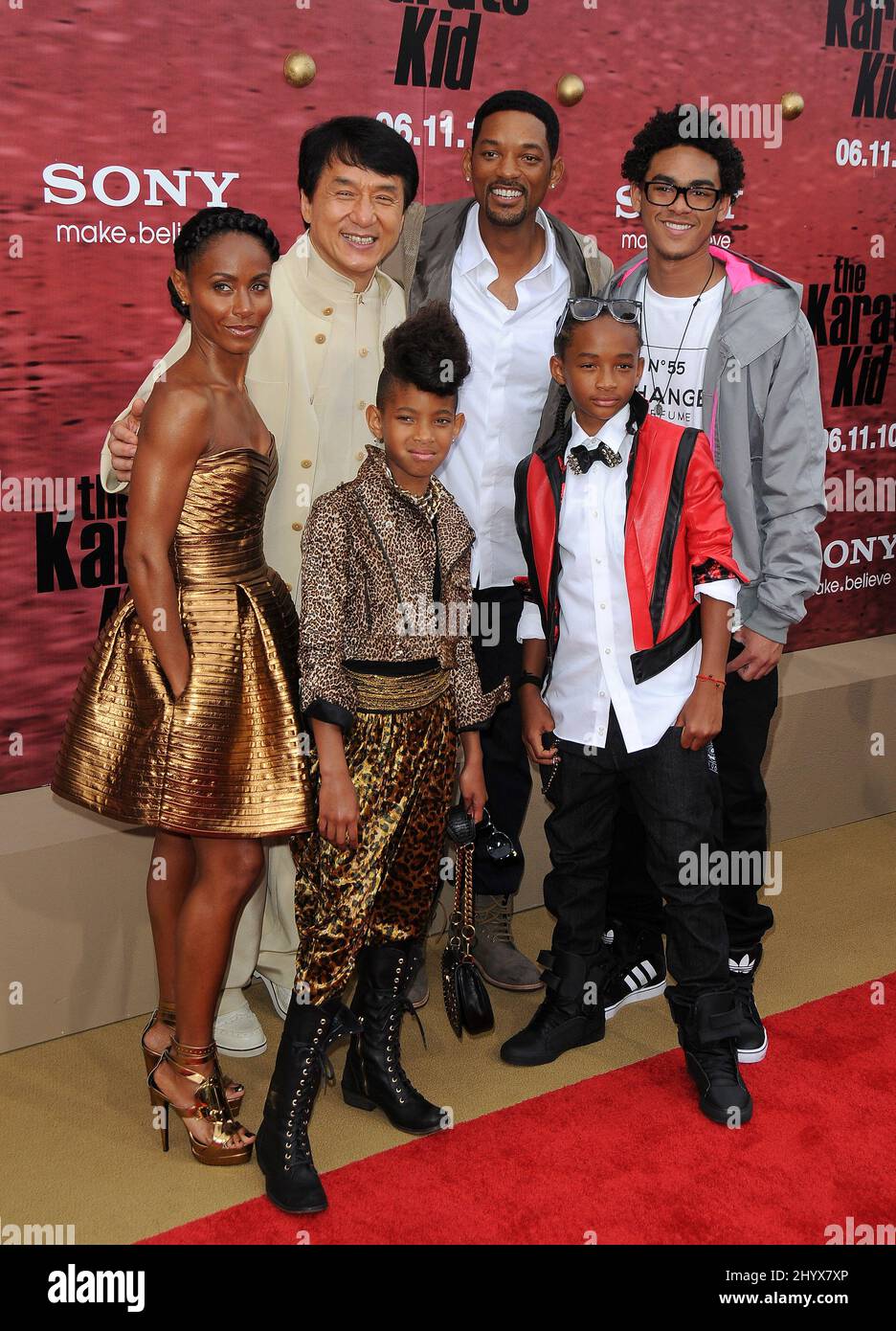 Will Smith, Jada Pinkett Smith, Jackie Chan, Trey Smith, Jaden Smith and Willow Smith at the premiere of 'The Karate Kid' held at Mann Village Theatre in Los Angeles, USA. Stock Photo