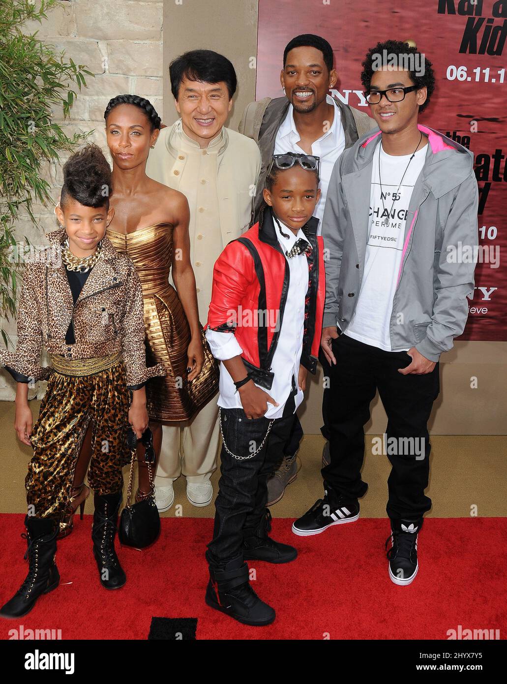 Will Smith, Jada Pinkett Smith, Jackie Chan, Trey Smith, Jaden Smith and Willow Smith at the premiere of 'The Karate Kid' held at Mann Village Theatre in Los Angeles, USA. Stock Photo