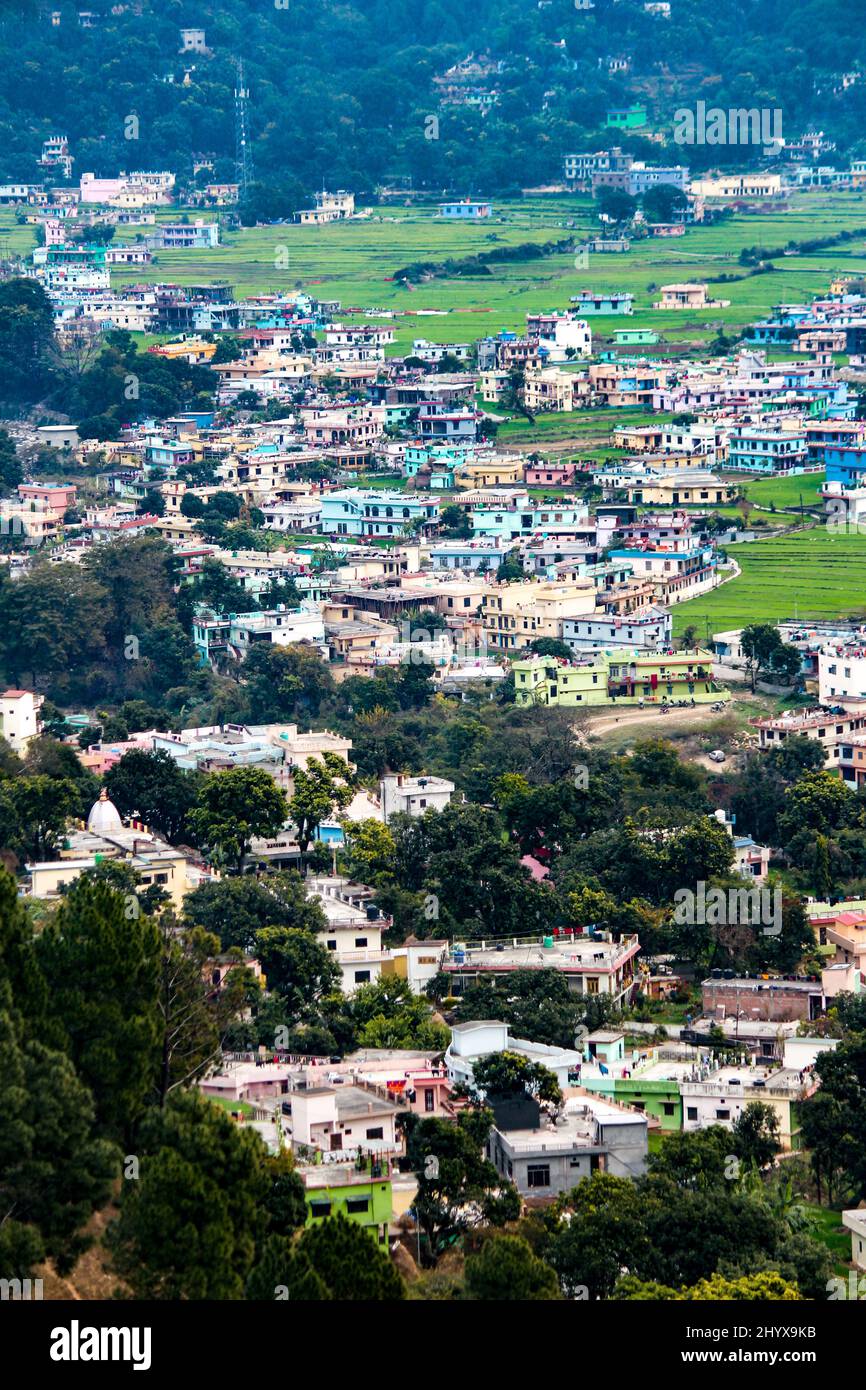 Vertical shot of Bageshwar town. Bageshwar district in the state of Uttarakhand, India. Stock Photo