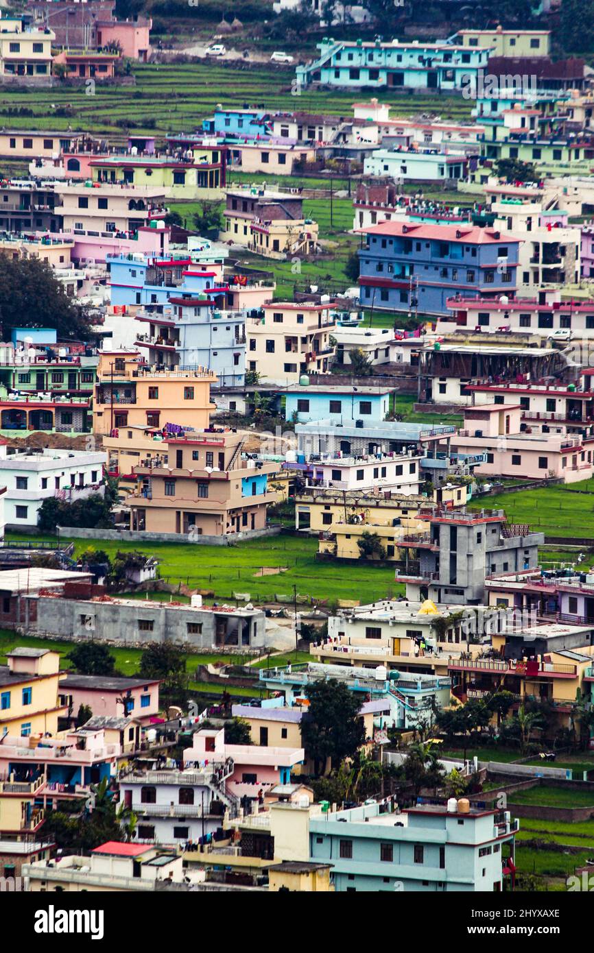 Vertical shot of Bageshwar town. Bageshwar district in the state of Uttarakhand, India. Stock Photo