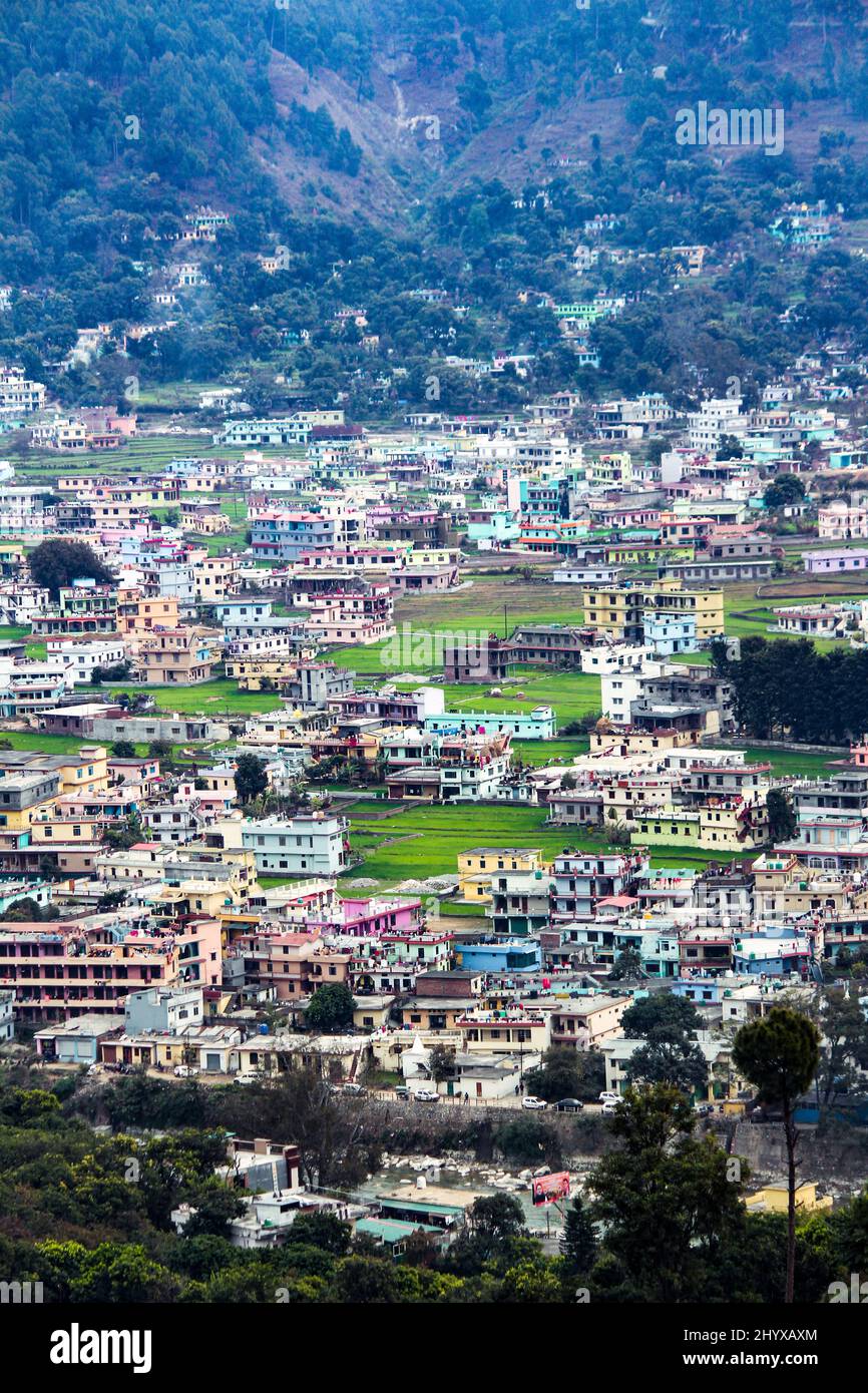 Vertical shot of Bageshwar town. Bageshwar district in the state of Uttarakhand, India. Stock Photo