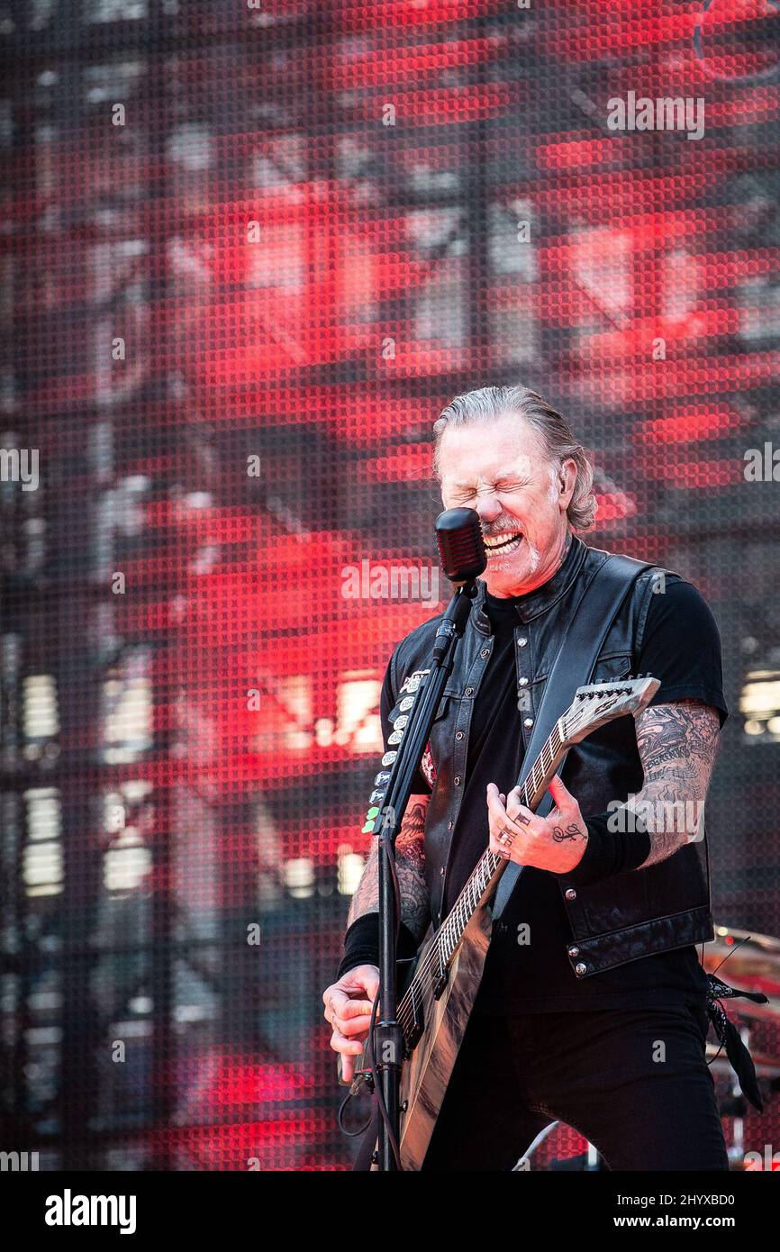 James Hetfield lead vocalist of metal band Metallica photographed on 9 July 2019 at Ullevi Stadium, Gothenburg, Sweden Stock Photo