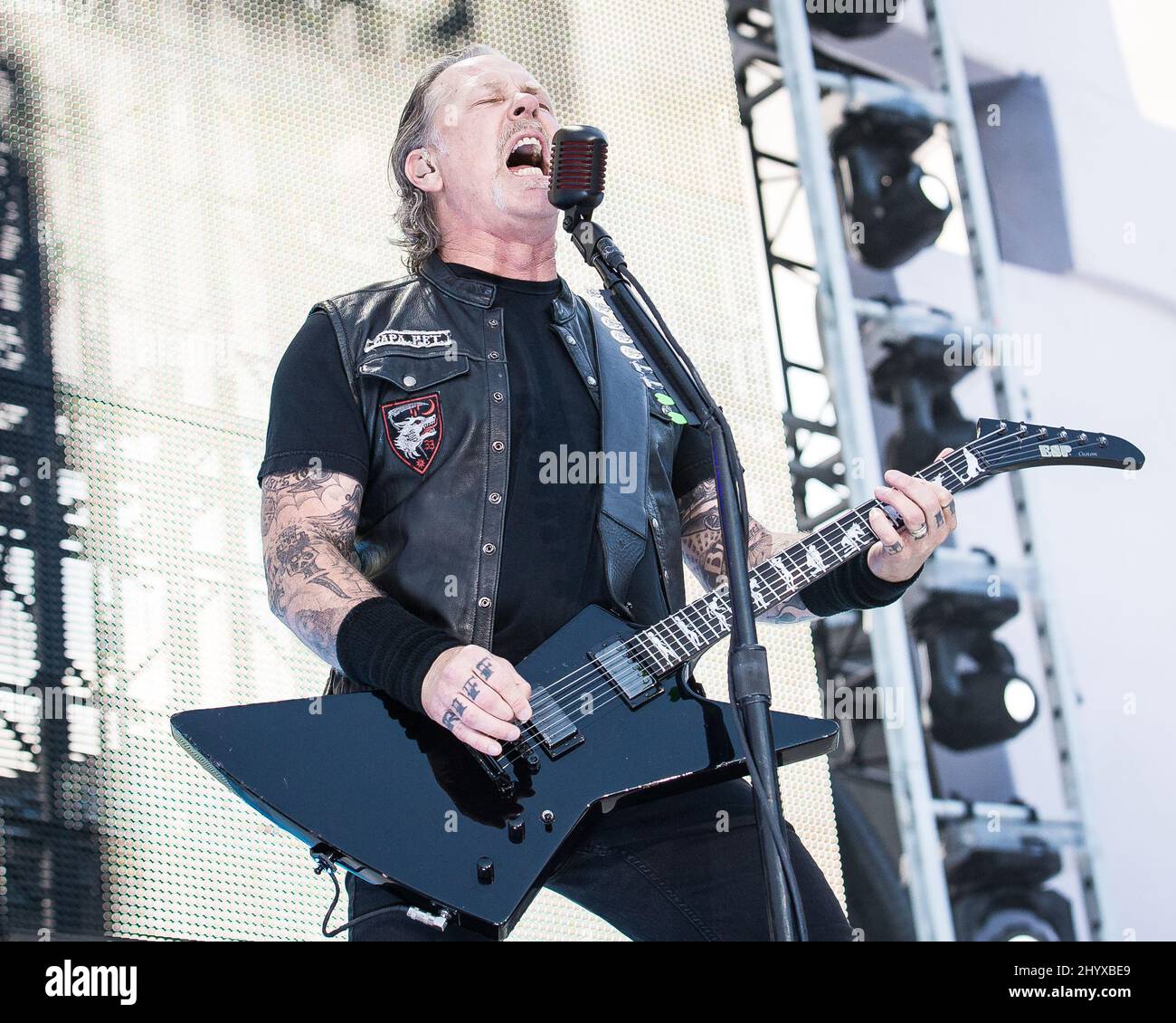 James Hetfield lead vocalist of metal band Metallica photographed on 9 July 2019 at Ullevi Stadium, Gothenburg, Sweden Stock Photo