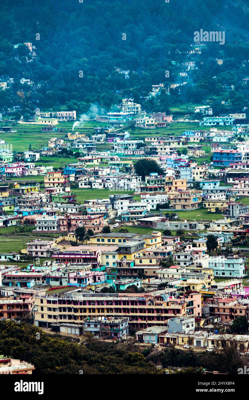 Vertical shot of Bageshwar town. Bageshwar district in the state of Uttarakhand, India. Stock Photo