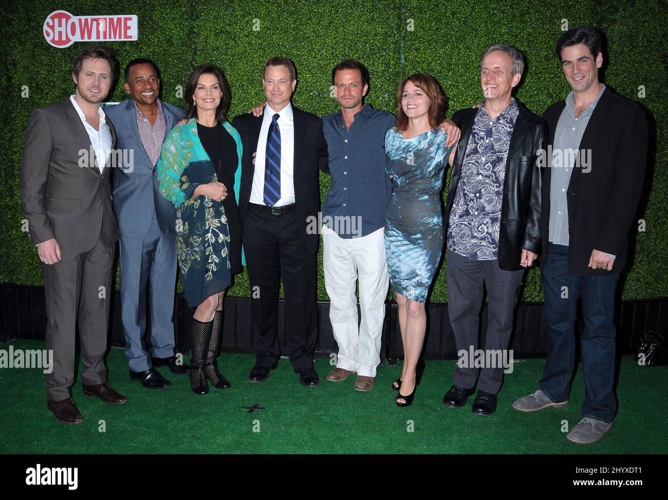 A.J. Buckley, Hill Harper, Seal Ward, Gary Sinise, Carmine Giovinazzo, Anna Belkap, Robert Joy and Eddie Cahill cast of 'CSI: New York' arriving for 2010 CBS Summer Press Tour Party held at The Tent in Beverly Hills, California on July 28, 2010. Stock Photo