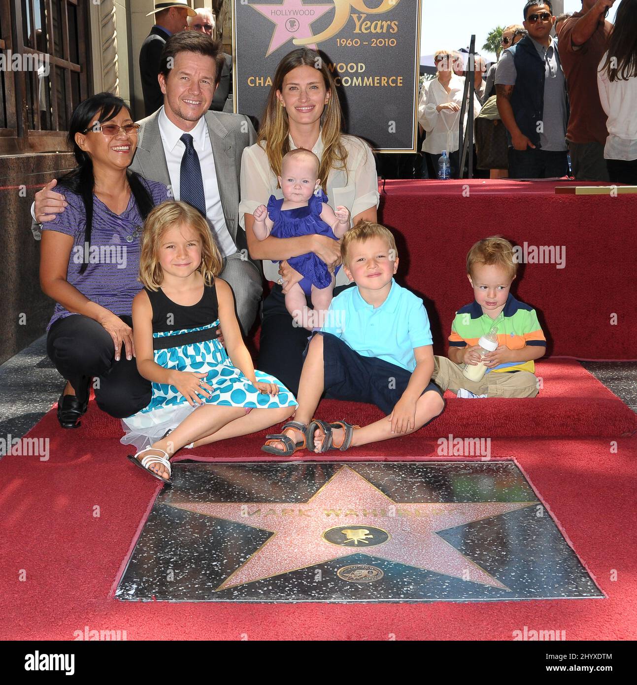 Mark Wahlberg, Rhea Durham, daughters Ella Rae and Margaret Grace, sons Michael and Brendan Joseph with the family nannie Cassie attend as Mark Wahlberg is honored with a star on the Hollywood Walk of Fame, Hollywood, CA. Stock Photo