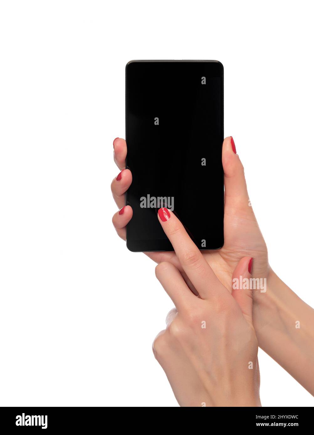 Smartphone in hand isolated on white background Stock Photo - Alamy