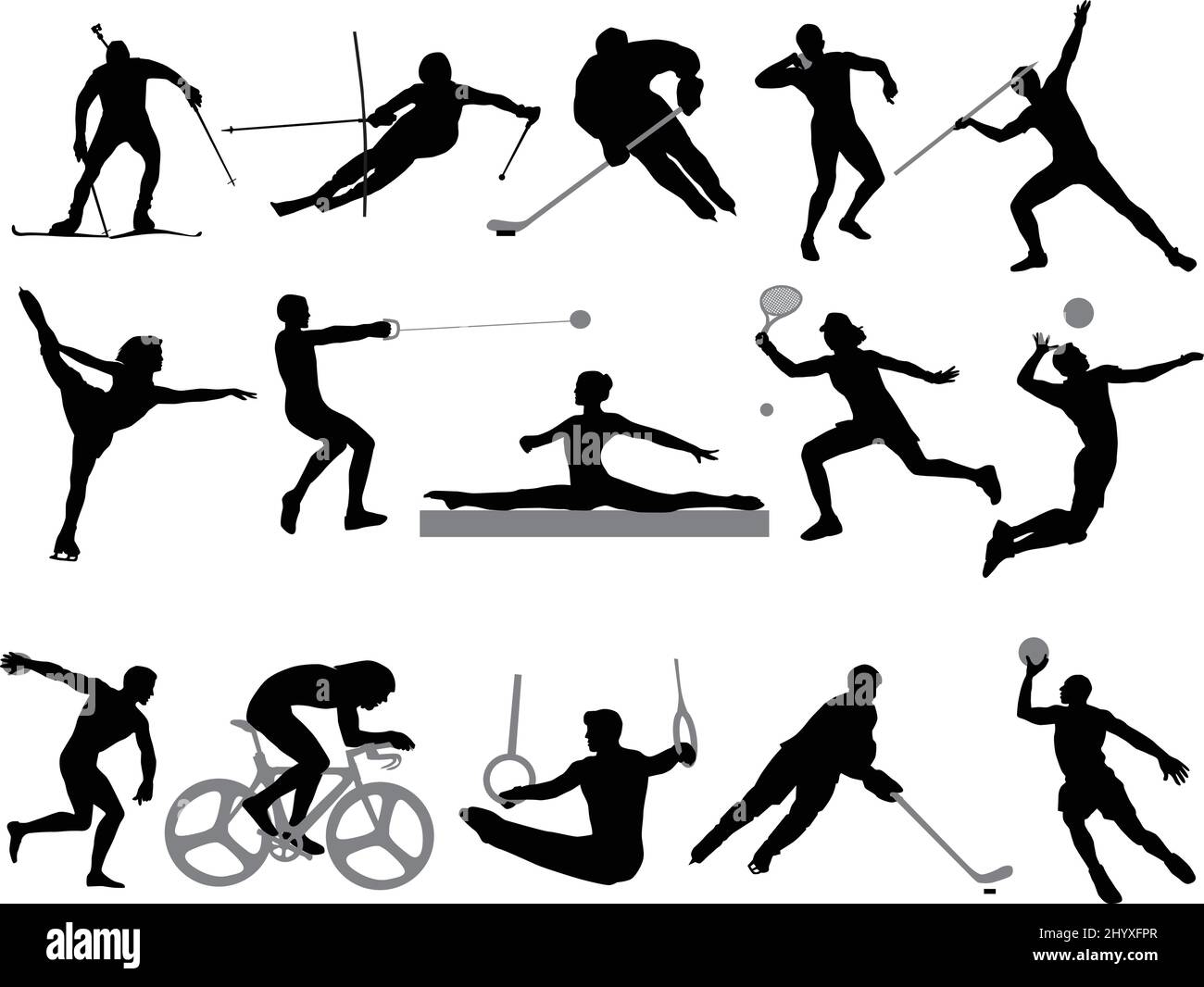 Silhouettes of athletes on trainings and competitions, a collection of sports Stock Vector