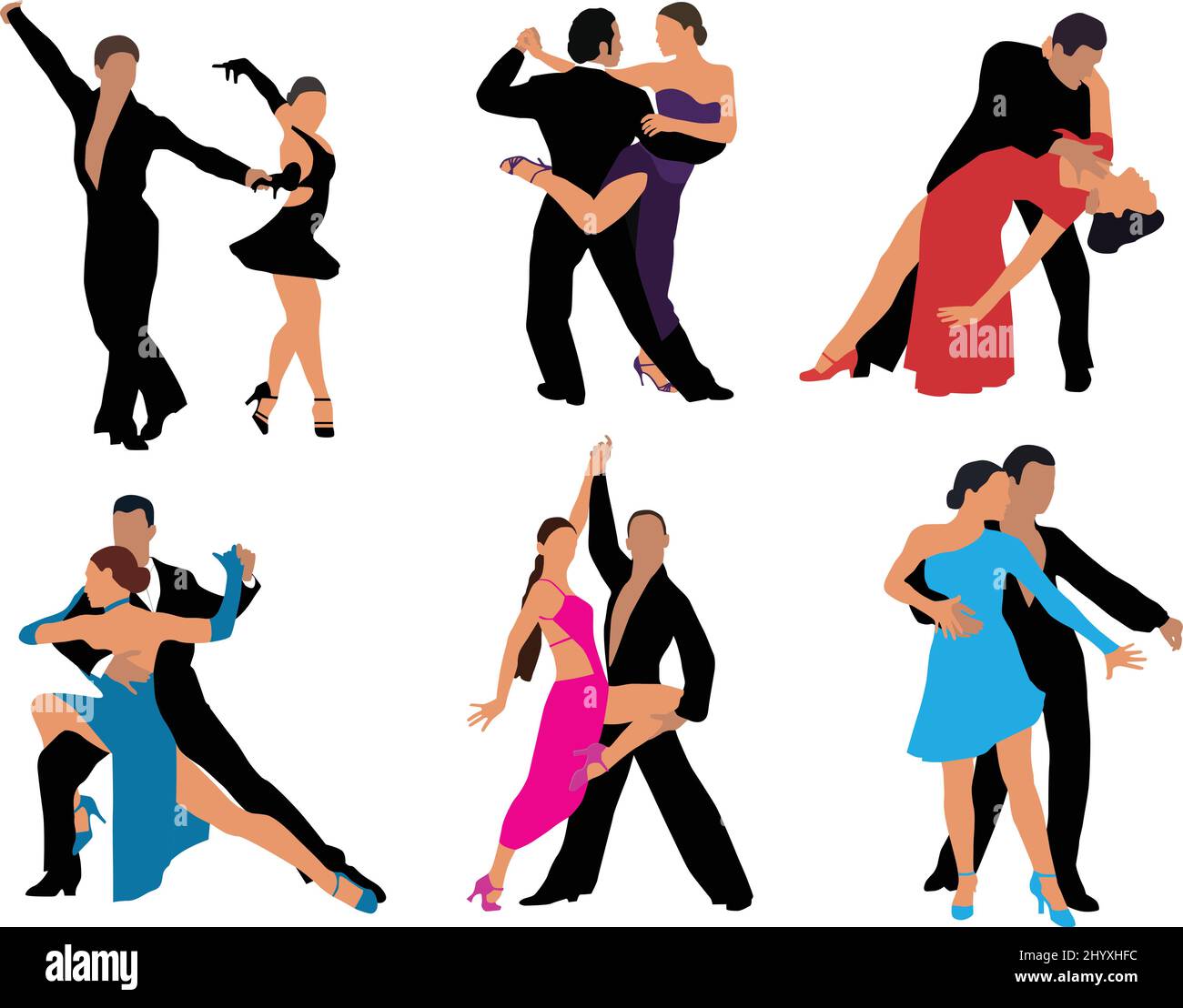 Dancing couples, different styles of dance, color vector illustration