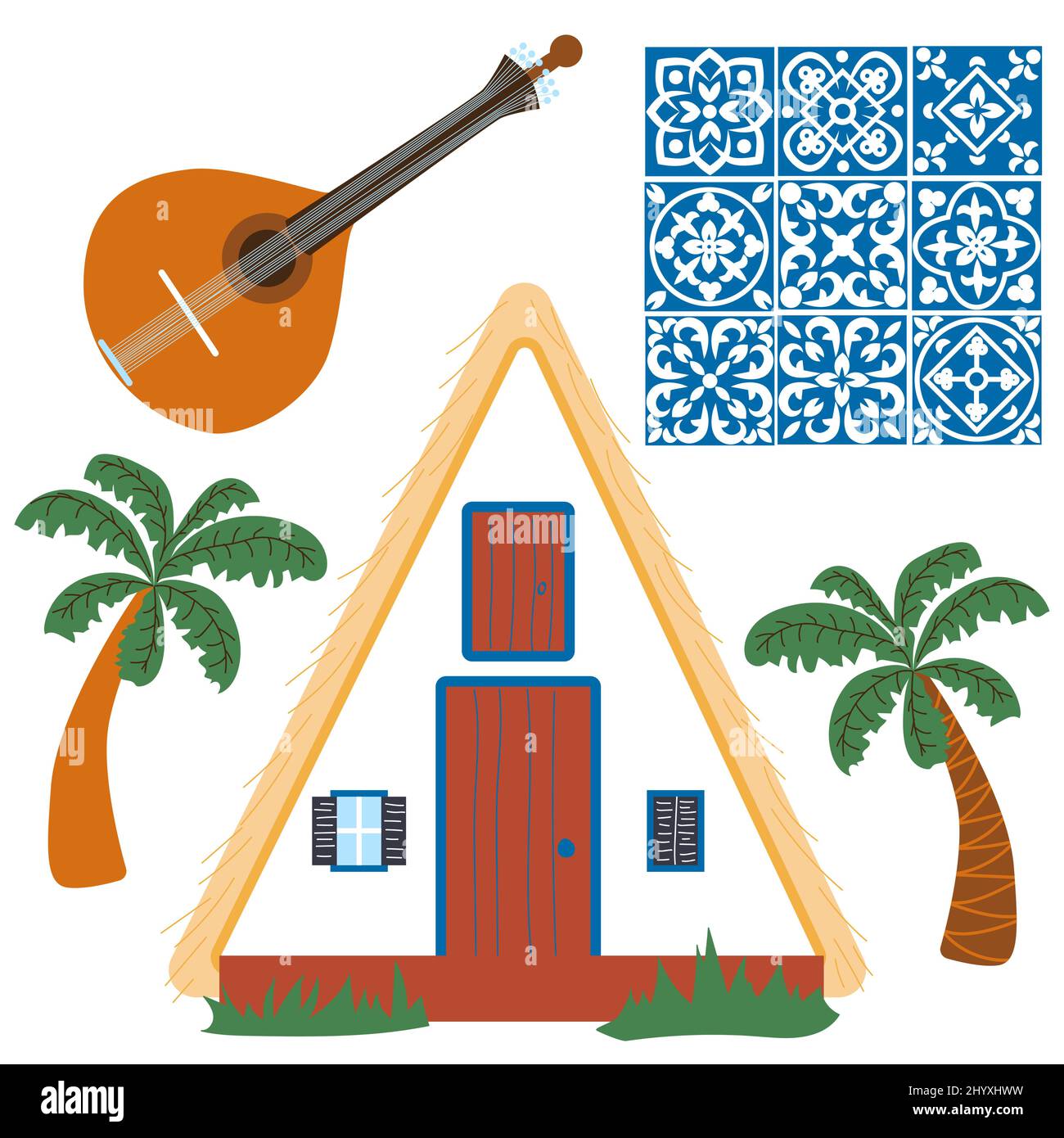 Palheiro. Portuguese traditional house. Triangular white house in Santana village in the east of Madeira island. It is a small stone structure with a sloping thatched roof down to the ground. Stock Vector