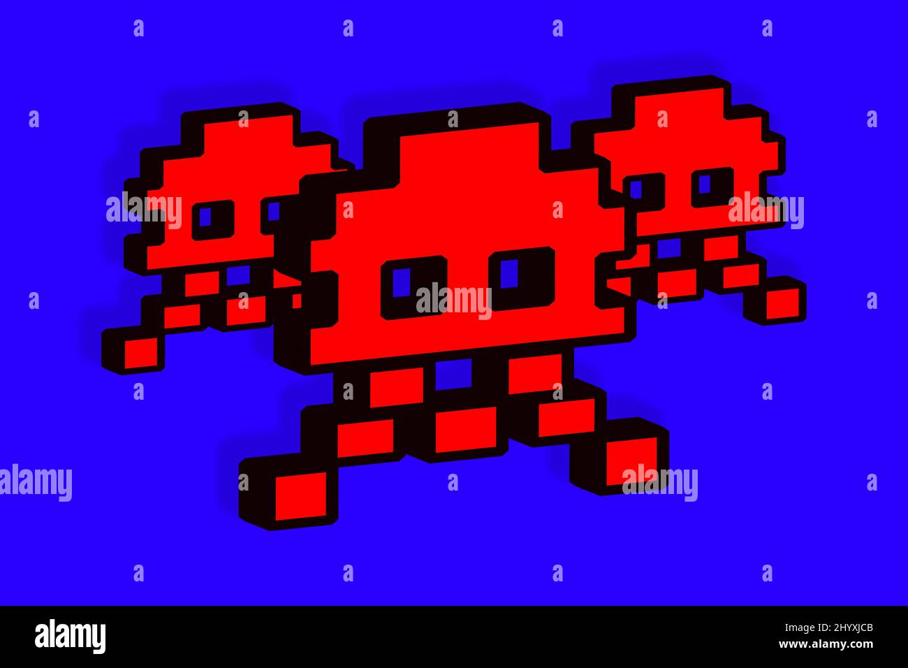 Nostalgic Vintage 80's Retro Pixel art, three giant red alien invaders from outer space in 8-bit 2D pixelated graphics style on a blue background Stock Photo