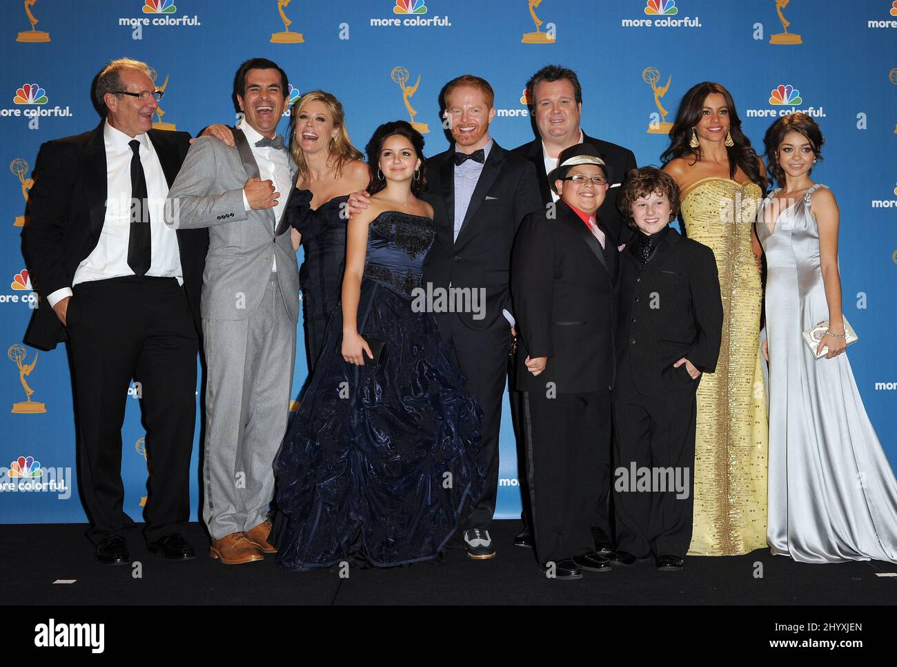 Julie Bowen, Ed O'Neill, Ty Burrell, Jesse Tyler Ferguson and Ariel in the press room at the 62nd Annual Primetime Emmy Awards held at the Nokia Theatre, Los Angeles, CA Stock Photo