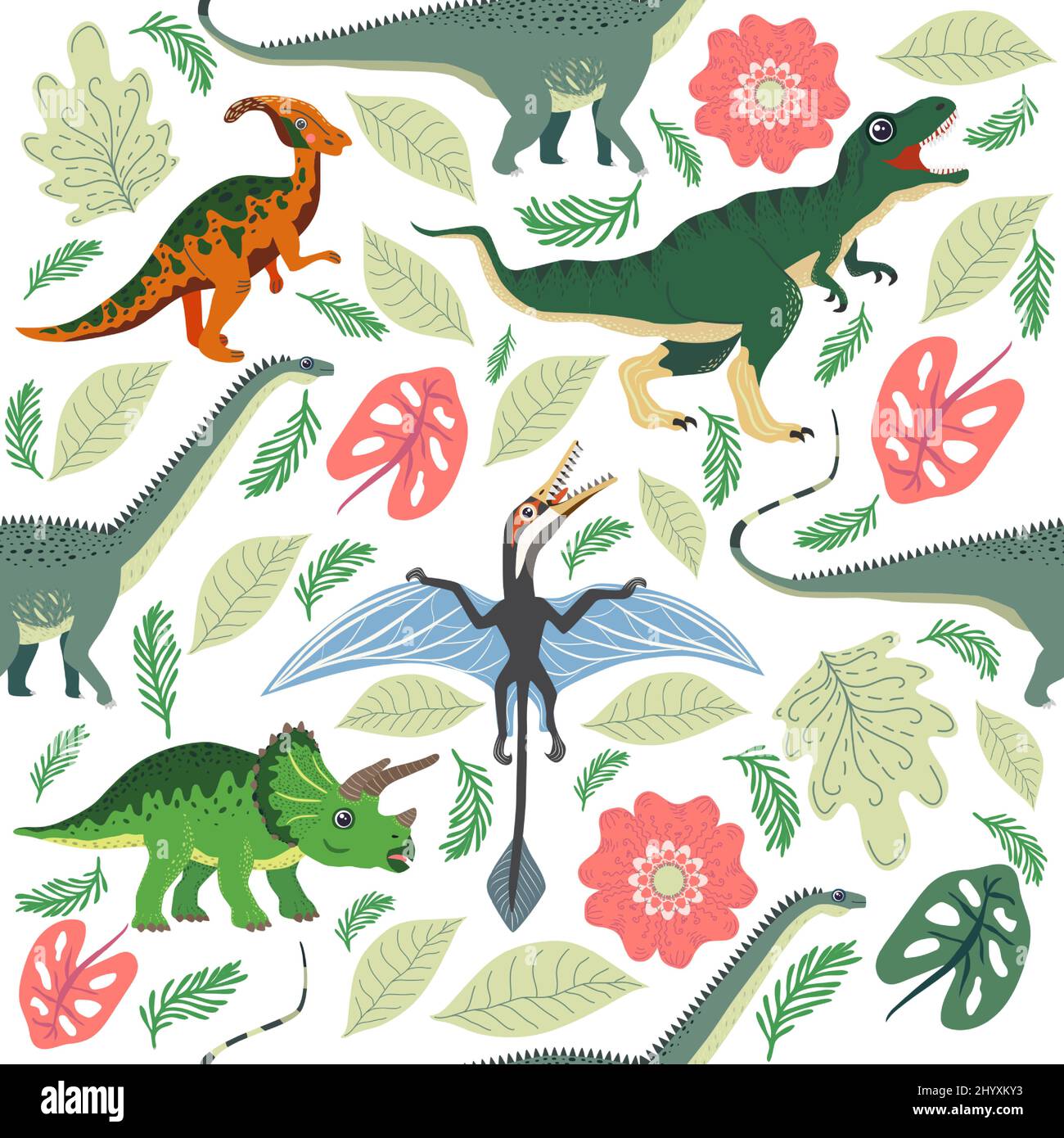 Hand drawn seamless pattern with dinosaurs and tropical leaves and ...