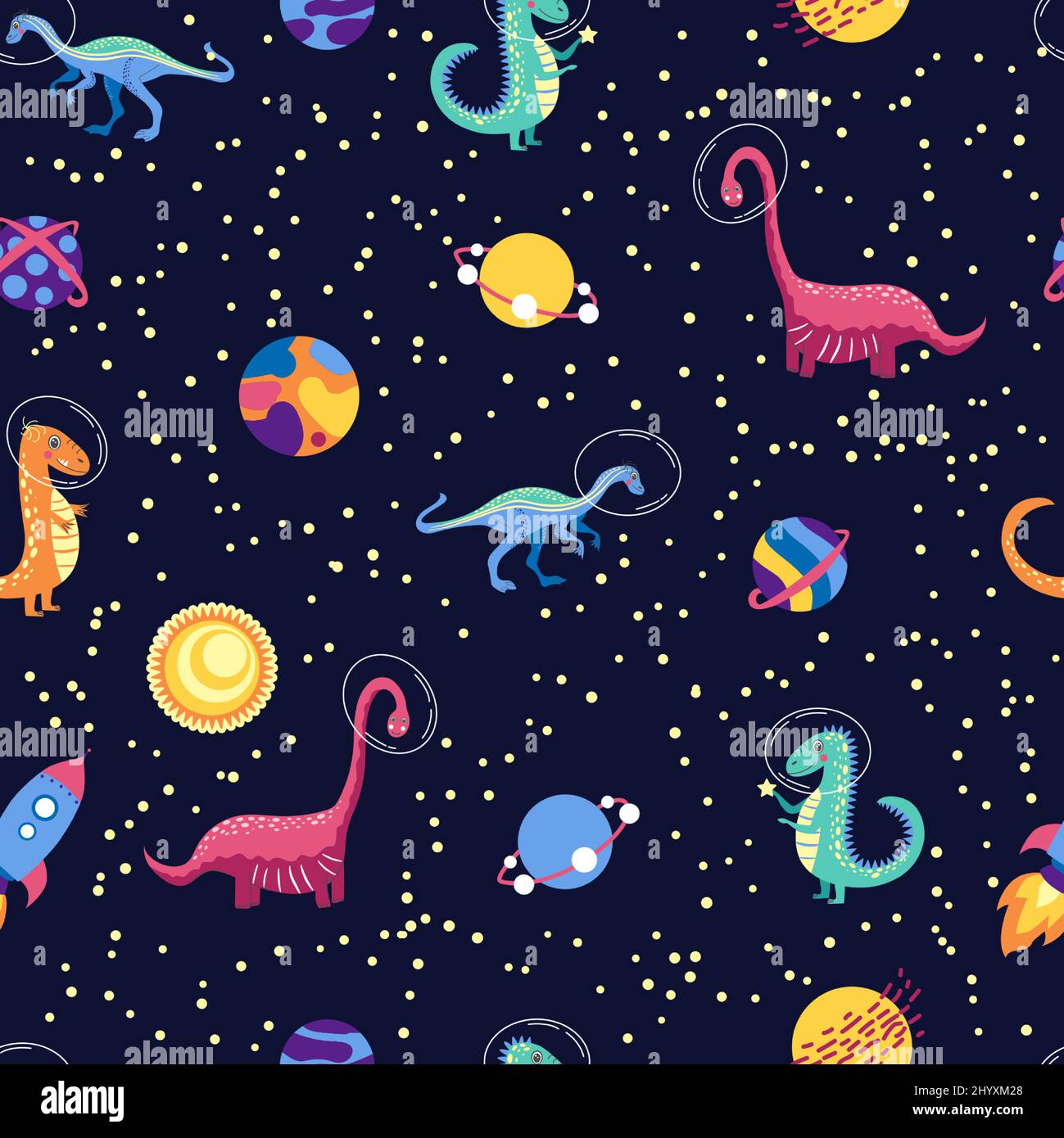Dino in space seamless pattern. Cute dragon characters, dinosaur ...