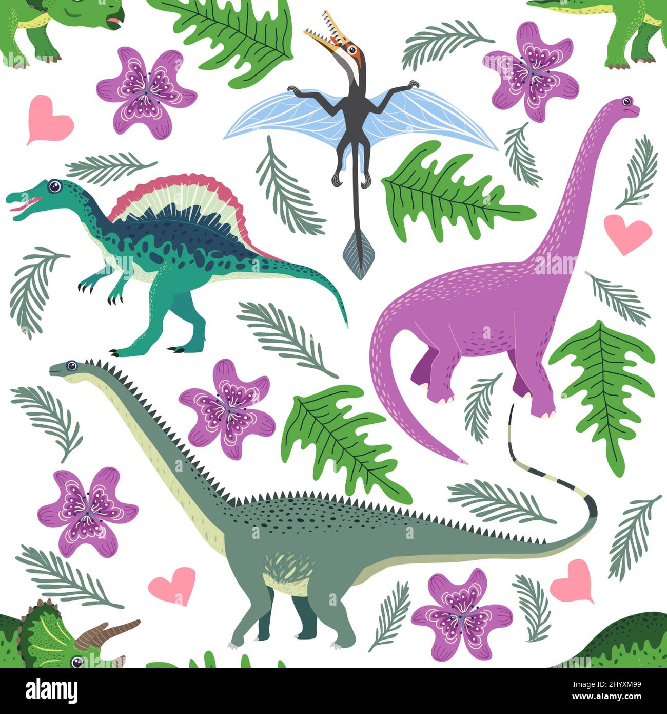 Hand drawn seamless pattern with dinosaurs and tropical leaves and ...