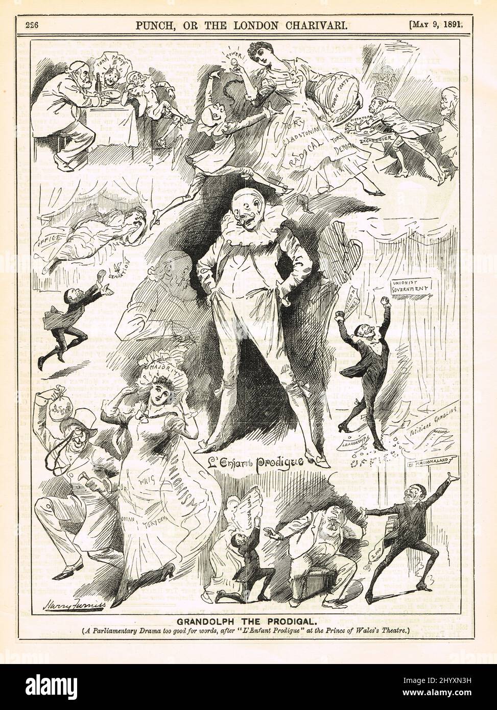 Grandolph the prodigal. Punch cartoon of 1891 by Harry Furniss lampooning Randolph Churchill as the prodigal child L'enfant prodigue Stock Photo