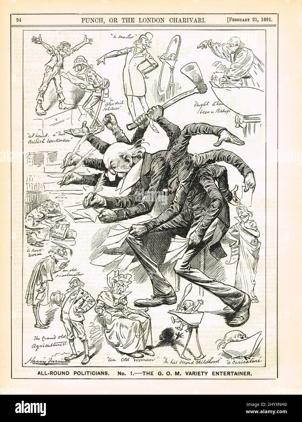 ALL-ROUND POLITICIANS. No. 1. - THE G.O.M. VARIETY ENTERTAINER.  Punch cartoon of 1891 showing William Gladstone in a variety of roles Stock Photo