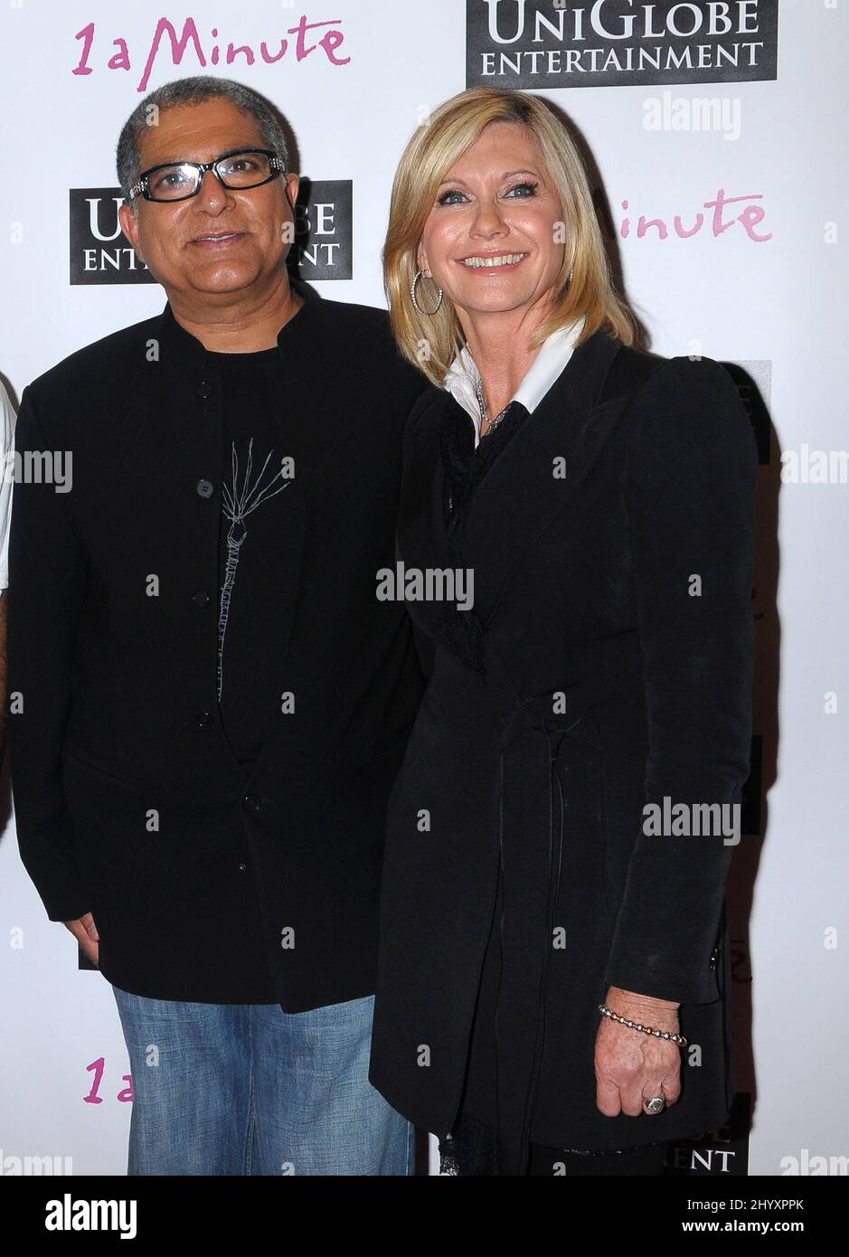 Deepak Chopra and Olivia Newton-John during the '1 A Minute' docudrama premiere screening supporting Susan G. Komen for the Cure held at the Fletcher Jones Auditorium at Woodbury University, California Stock Photo