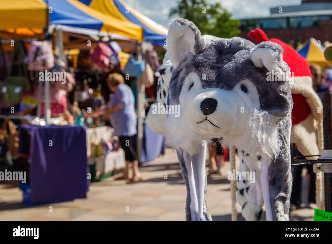A shopper looks at goods at a typical Sunday market in England. In the foreground an animal inspired novelty hat looks on. Stock Photo