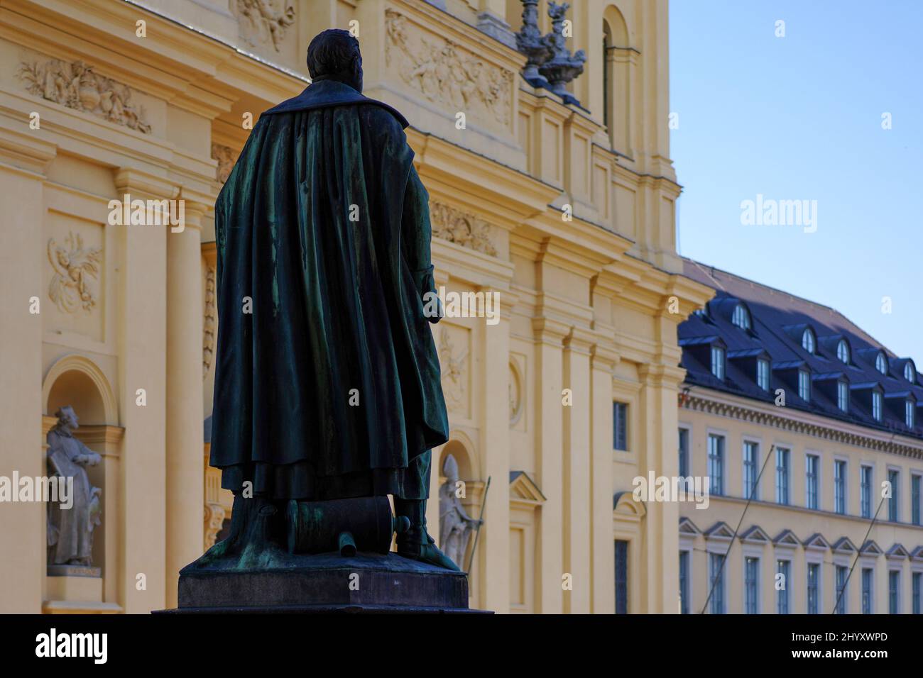 Bronze statue of Field Marshal Duke Wrede at the Feldherrnhalle at Odeonsplatz in the Old Town in Munich. Stock Photo