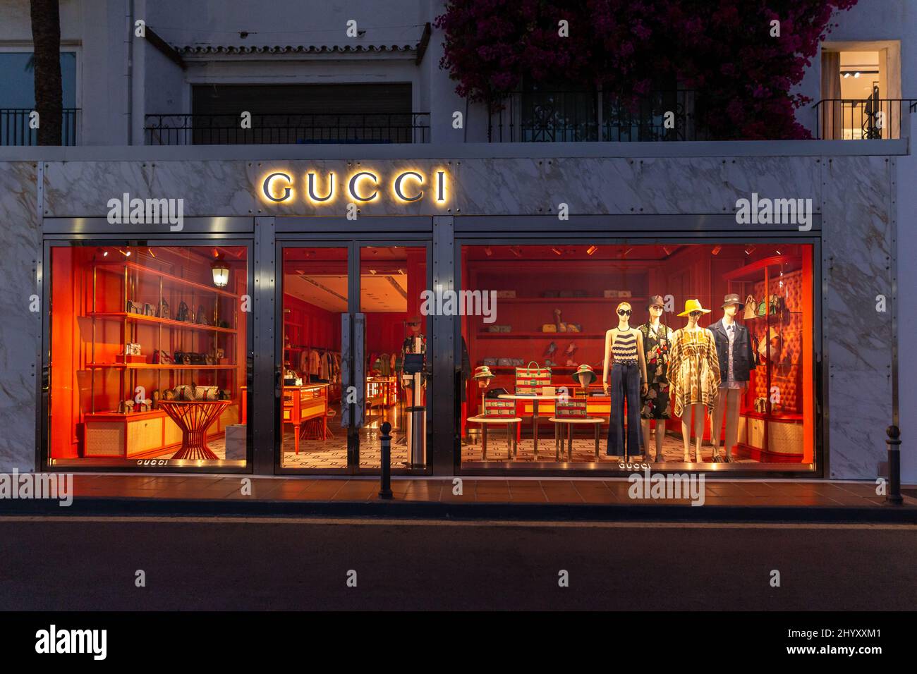 Night photography in luxury and famous location of Marbella -Puerto Banus  Bay. View of GUCCI Store, in the shopping area of the harbour. Costa del So  Stock Photo - Alamy