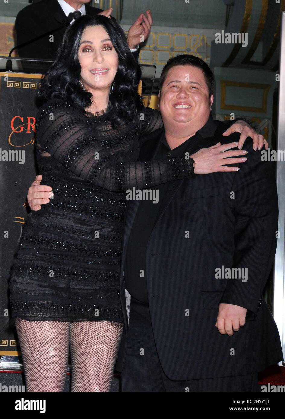 Cher and Chaz Bono during a ceremony immortalizing Cher's hand and footprints in cement, in the forecourt of Grauman's Chinese Theatre in Los Angeles, USA. Stock Photo
