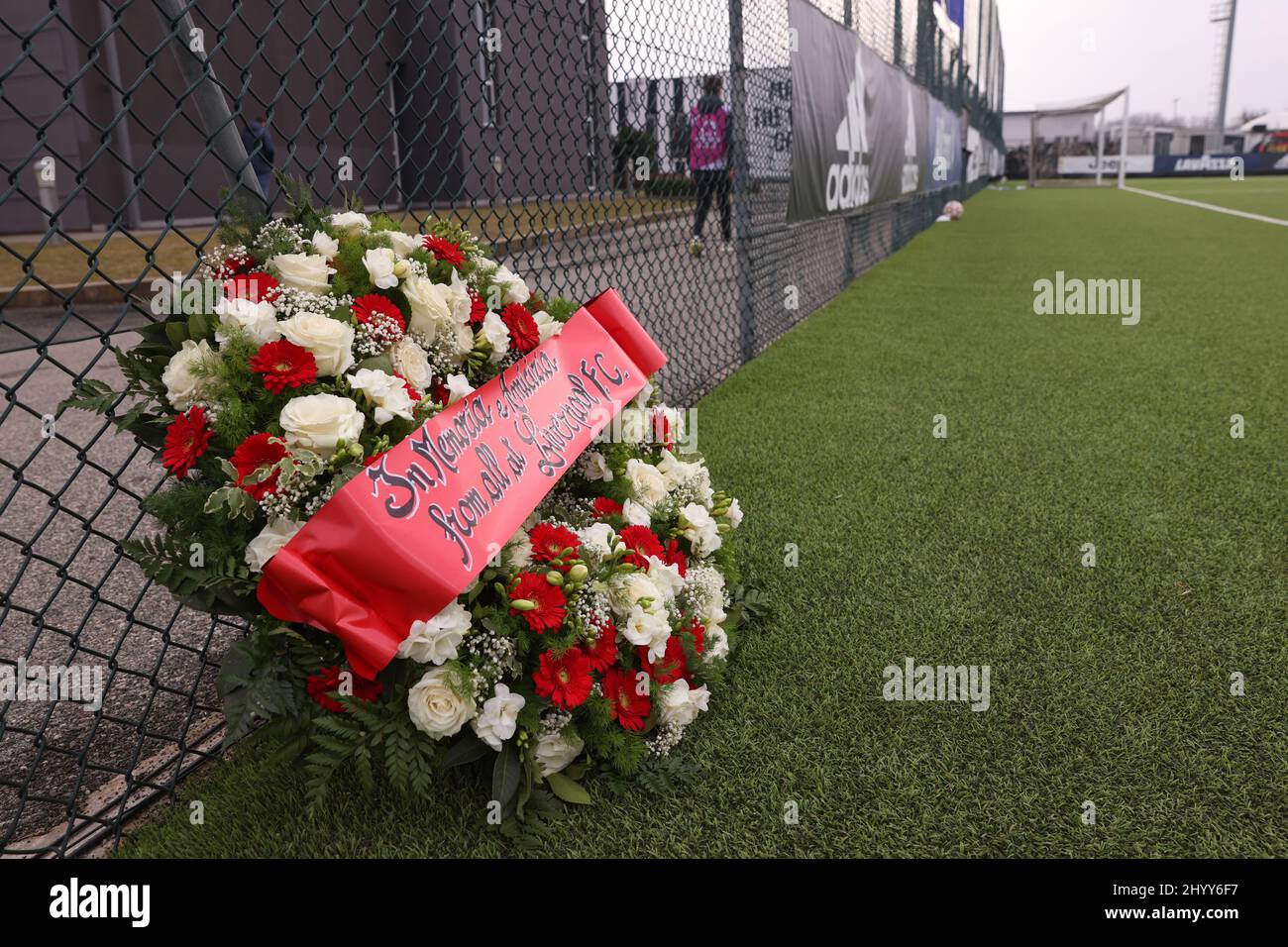 Vinovo, Italy, 15th March 2022. A wreath sits at the edge of the pitch left in memory of the victims of the Heysel stadium disaster during the UEFA Youth League match at the Juventus Center, Vinovo. Picture credit should read: Jonathan Moscrop / Sportimage Credit: Sportimage/Alamy Live News Stock Photo