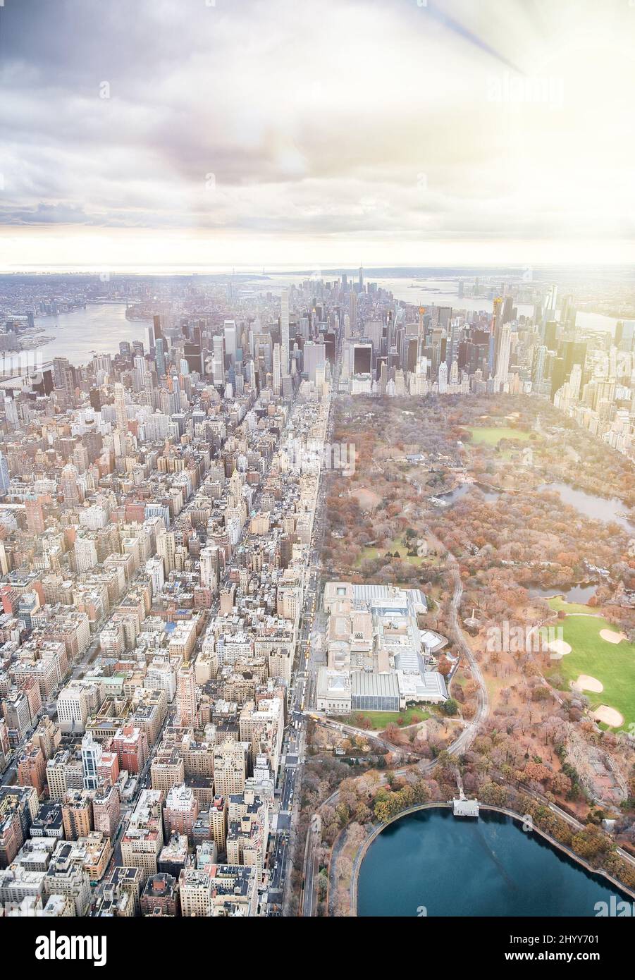 Amazing aerial view of Central Park and New York skyline on a cloudy ...
