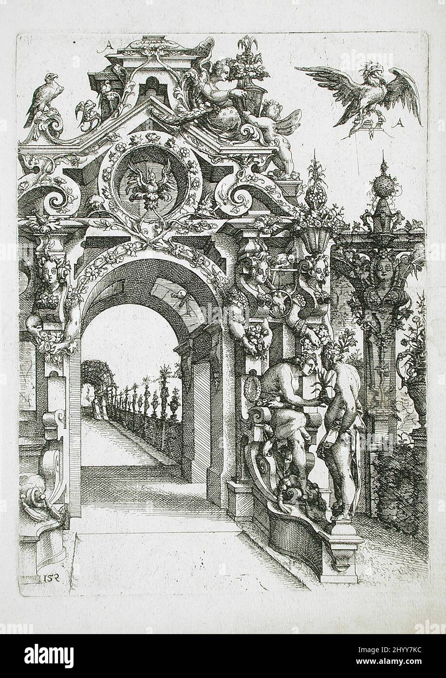 Ornate Garden Portal (Corinthian). Wendel Dietterlin (Germany, Pfullendorf, 1550/1551-1599). Germany, 1598. Prints; etchings. Etching Stock Photo