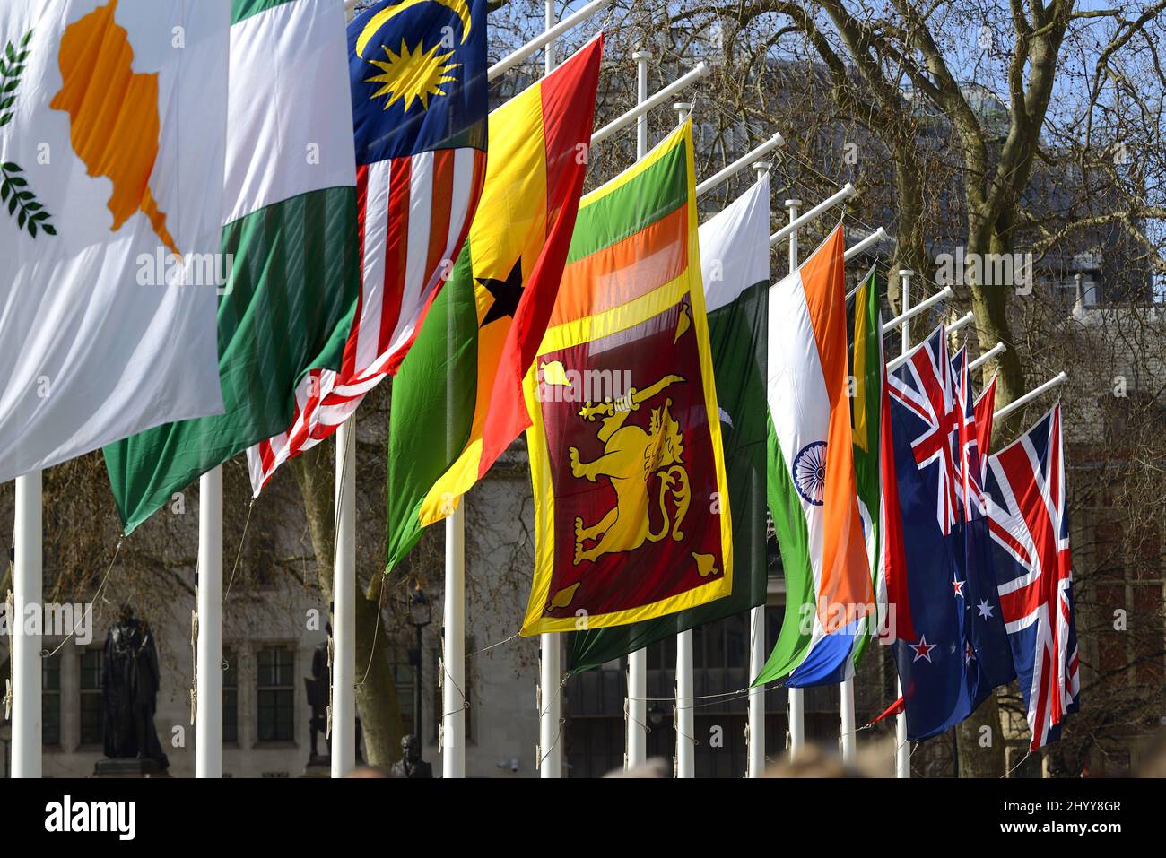 London, England, UK. Flags of Commonwealth countries around Parliament Square to mark Commonwealth Day 14th march 2022 Stock Photo
